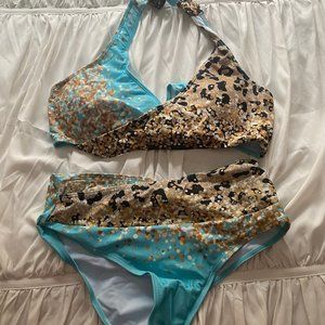 Leopard Glitter Ruched Hollow Out Halter Bikini Set